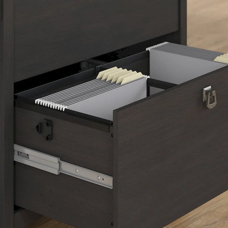 Bureau d'angle 55 W avec classeur latéral et bibliothèque à 5 étagères