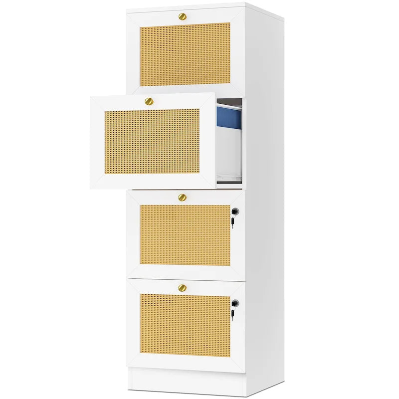 Meuble de classement vertical à 4 tiroirs en rotin, 38 cm de profondeur, avec serrure