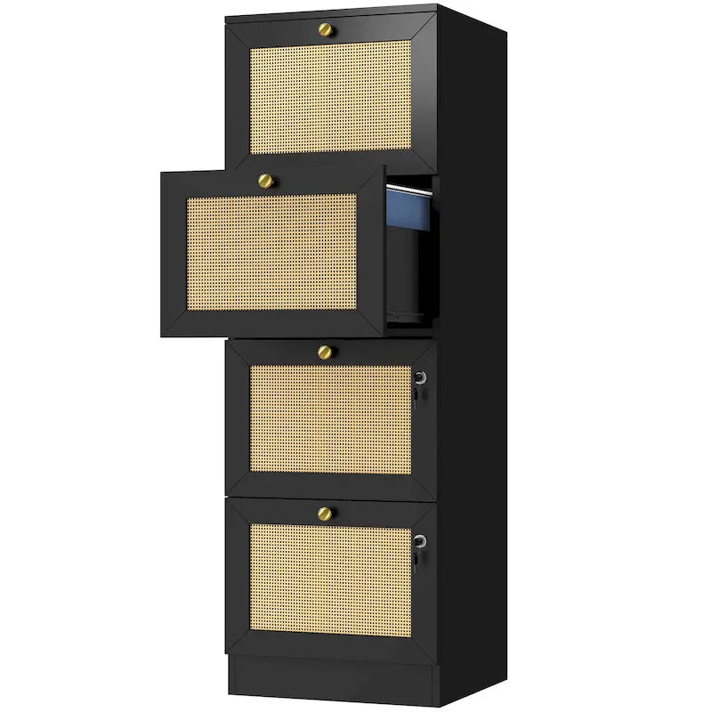 Meuble de classement vertical à 4 tiroirs en rotin, 38 cm de profondeur, avec serrure