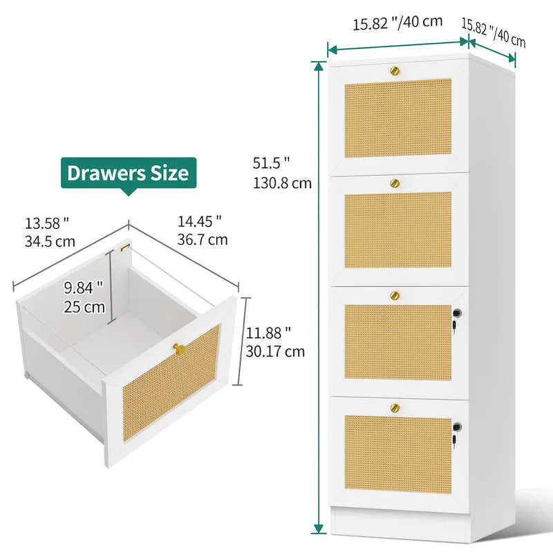 Meuble de classement vertical à 4 tiroirs en rotin, 38 cm de profondeur, avec serrure