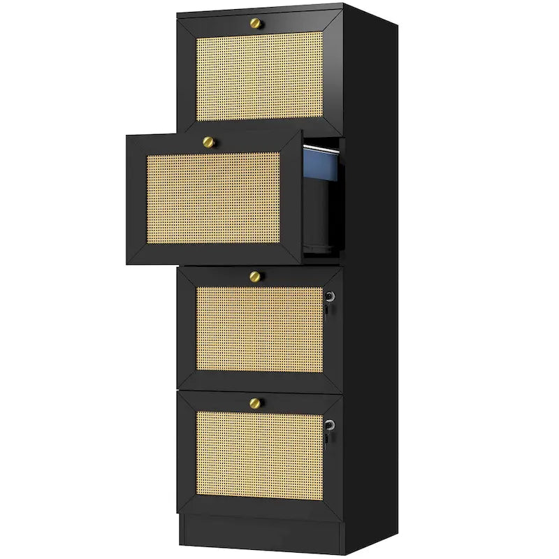 Meuble de classement vertical à 4 tiroirs en rotin, 38 cm de profondeur, avec serrure