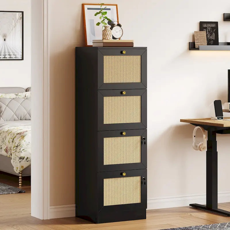 Meuble de classement vertical à 4 tiroirs en rotin, 38 cm de profondeur, avec serrure