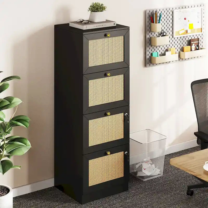 Meuble de classement vertical à 4 tiroirs en rotin, 38 cm de profondeur, avec serrure