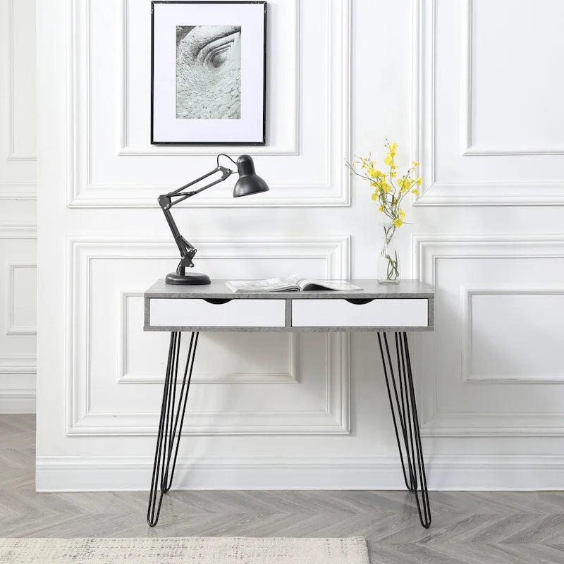 Bureau de télétravail moderne du milieu du siècle à 2 tiroirs gris