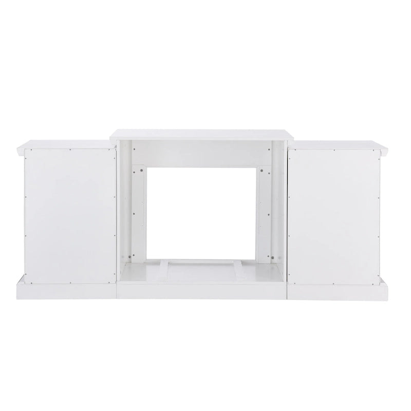 Cheminée électrique à LED télécommandée avec manteau en pierre blanche et rangement