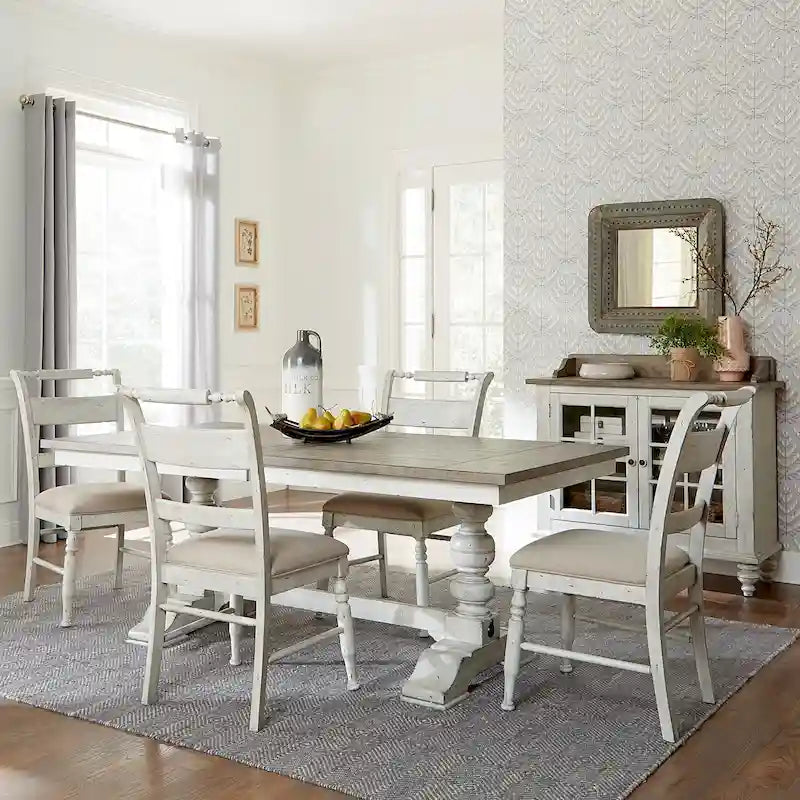 Ensemble de table à tréteaux 5 pièces en lin antique gris vieilli