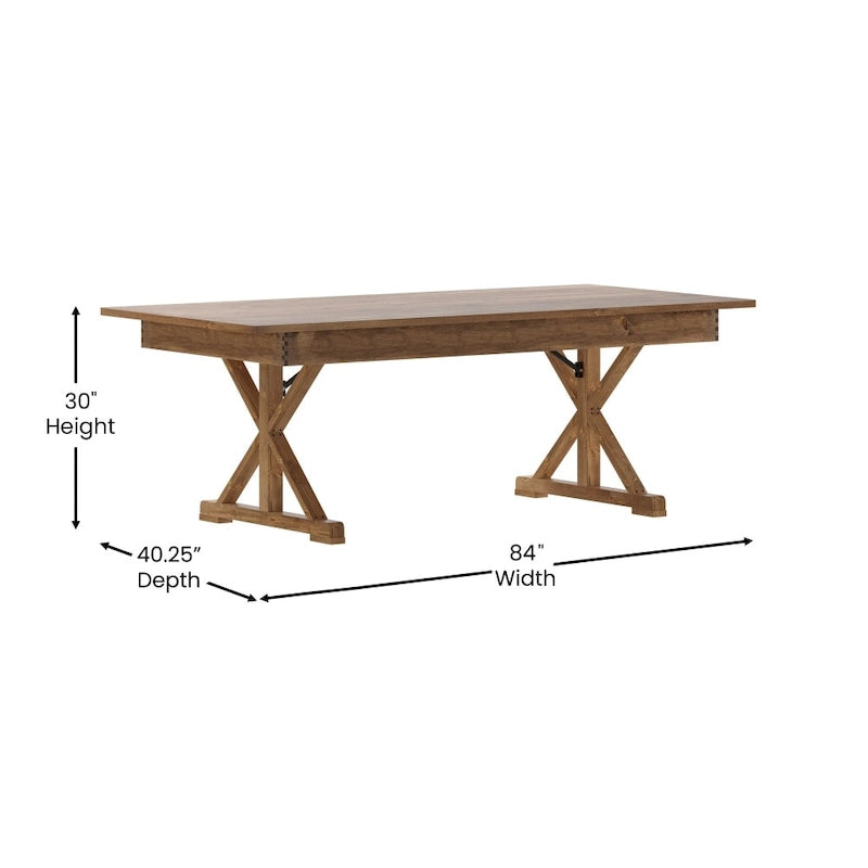 Table à manger pliante rectangulaire en pin massif antique et rustique de 2,1 m x 1,2 m