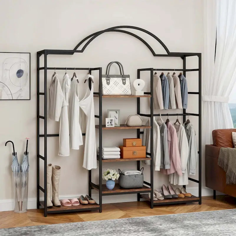 Porte-Manteau Robuste à 4 Niveaux avec 3 Tiges de Suspension et 6 Étagères