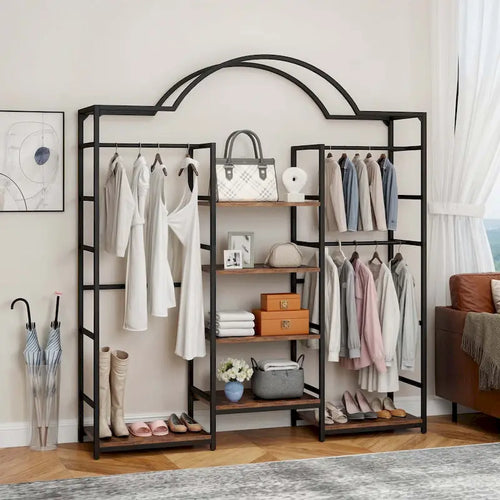 Porte-Manteau Robuste à 4 Niveaux avec 3 Tiges de Suspension et 6 Étagères