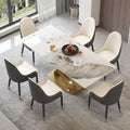 Table de salle à manger de 180 cm, Table de salle à manger moderne pour 8 personnes, en pierre frittée blanc antique avec pied piédestal en acier inoxydable doré