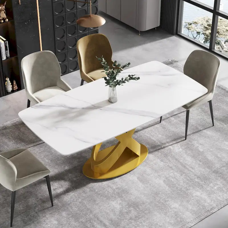 Table de salle à manger de 180 cm, Table de salle à manger moderne pour 8 personnes, en pierre frittée blanc antique avec pied piédestal en acier inoxydable doré