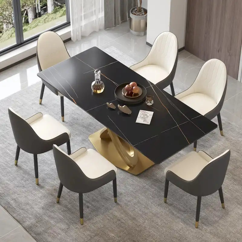 Table de salle à manger de 180 cm, Table de salle à manger moderne pour 8 personnes, en pierre frittée blanc antique avec pied piédestal en acier inoxydable doré