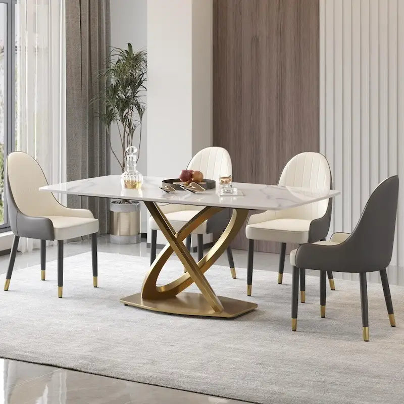 Table de salle à manger de 180 cm, Table de salle à manger moderne pour 8 personnes, en pierre frittée blanc antique avec pied piédestal en acier inoxydable doré