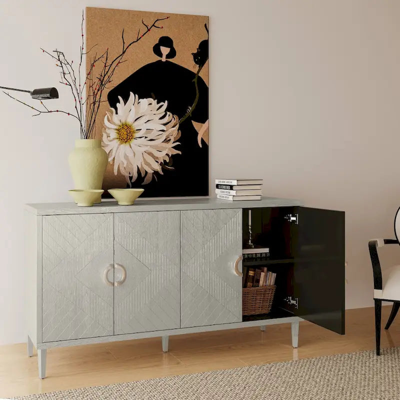 Meuble de rangement 4 portes avec pieds en pin et MDF