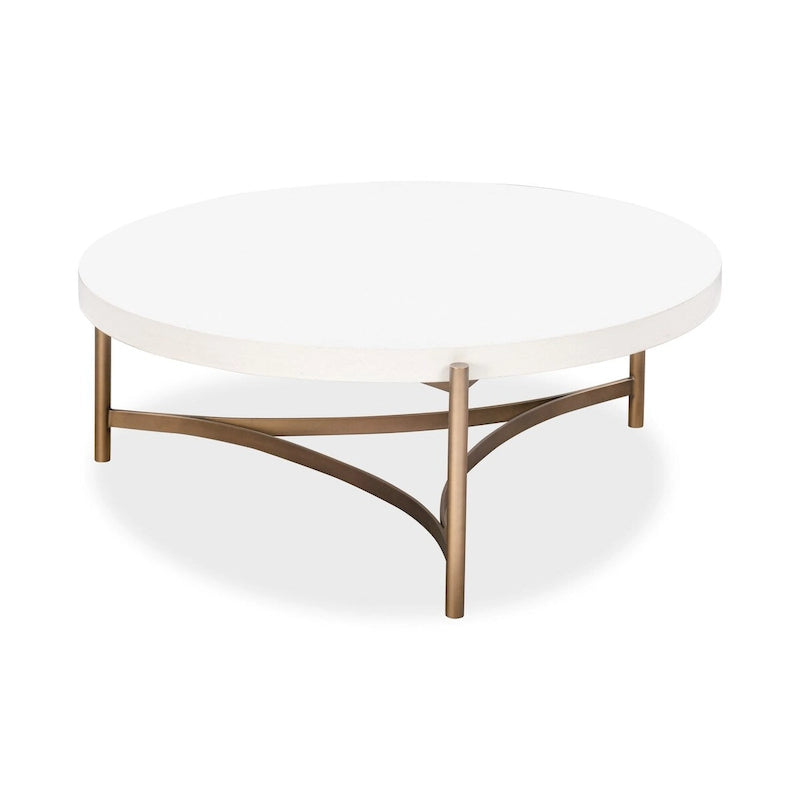 Table Basse Ronde 46 Pouces, Plateau en Béton Blanc, Piétement Trépied en Bronze