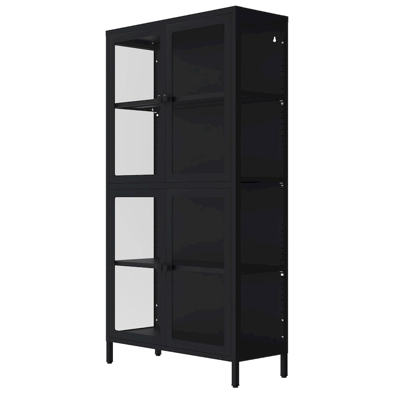 Meuble de rangement à quatre portes vitrées avec étagères et pieds réglables en acier laminé à froid