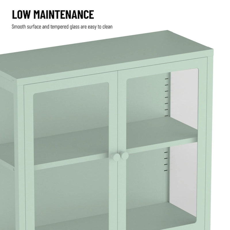 Meuble de rangement à quatre portes vitrées avec étagères et pieds réglables en acier laminé à froid