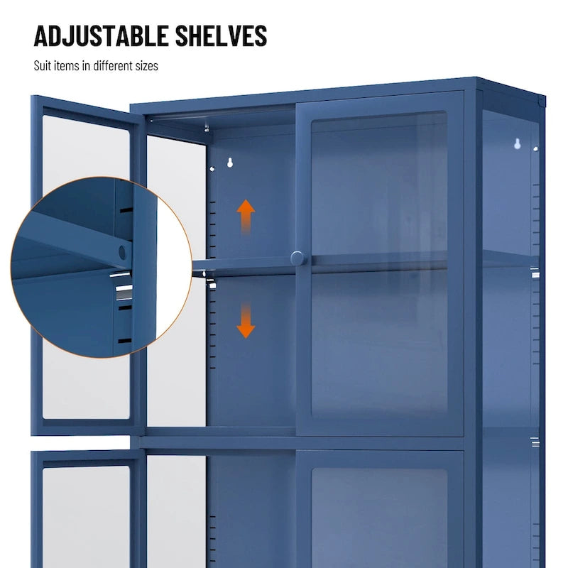 Meuble de rangement à quatre portes vitrées avec étagères et pieds réglables en acier laminé à froid