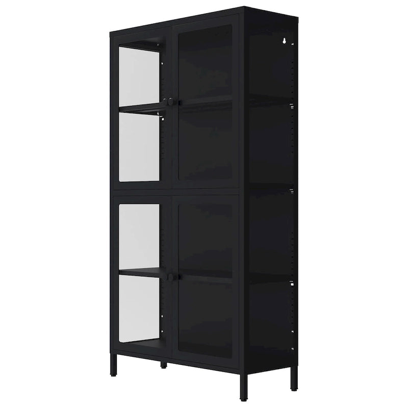 Meuble de rangement à quatre portes vitrées avec étagères et pieds réglables en acier laminé à froid