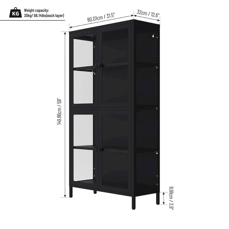 Meuble de rangement à quatre portes vitrées avec étagères et pieds réglables en acier laminé à froid