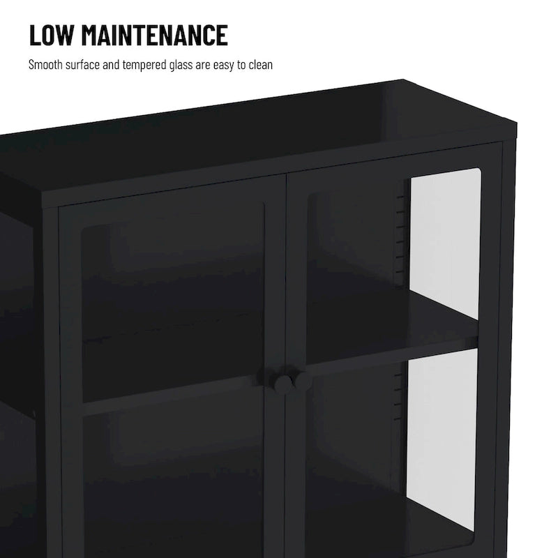 Meuble de rangement à quatre portes vitrées avec étagères et pieds réglables en acier laminé à froid