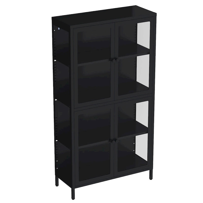 Meuble de rangement à quatre portes vitrées avec étagères et pieds réglables en acier laminé à froid