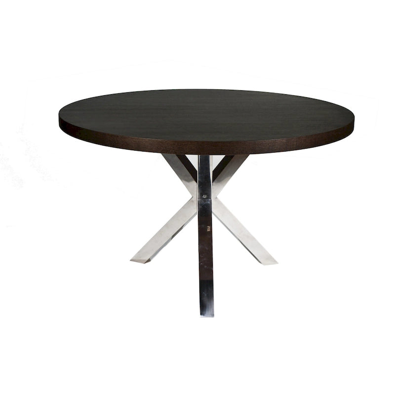 Table à manger ronde de 47 pouces, acier brossé croisé en X, bois brun foncé