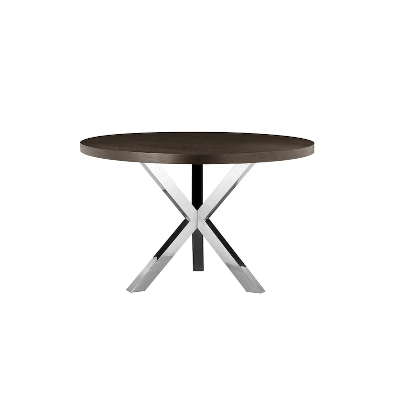 Table à manger ronde de 47 pouces, acier brossé croisé en X, bois brun foncé
