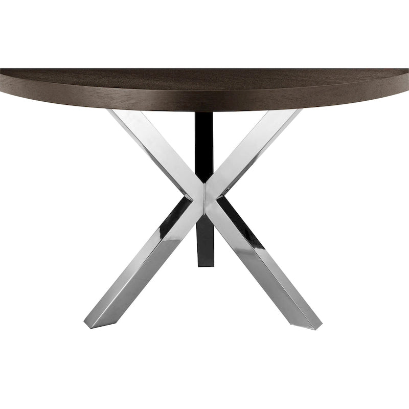 Table à manger ronde de 47 pouces, acier brossé croisé en X, bois brun foncé
