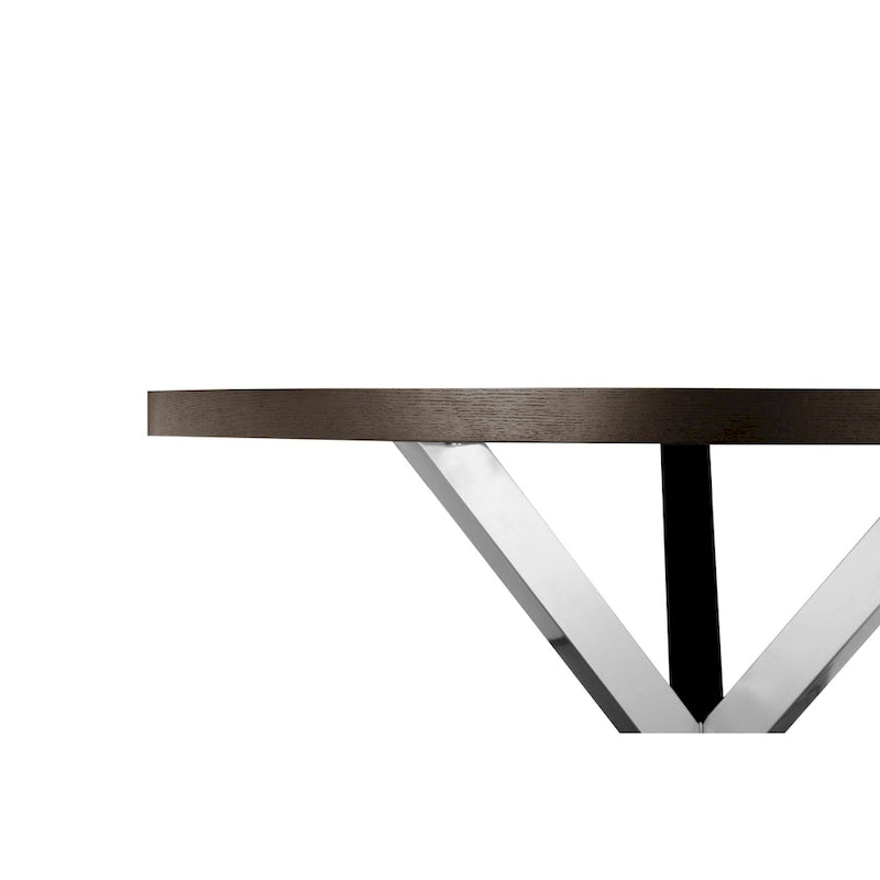 Table à manger ronde de 47 pouces, acier brossé croisé en X, bois brun foncé