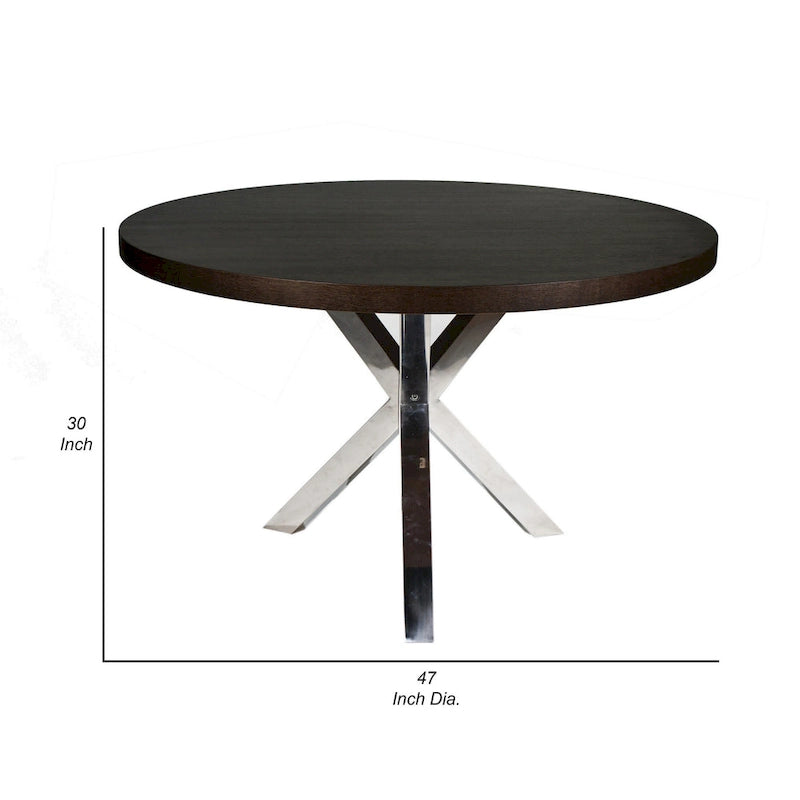 Table à manger ronde de 47 pouces, acier brossé croisé en X, bois brun foncé