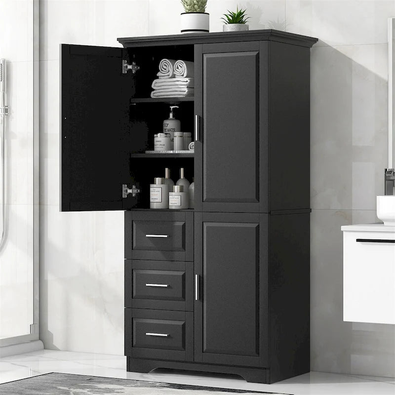 Meuble de rangement haut et large avec portes pour salle de bain, trois tiroirs
