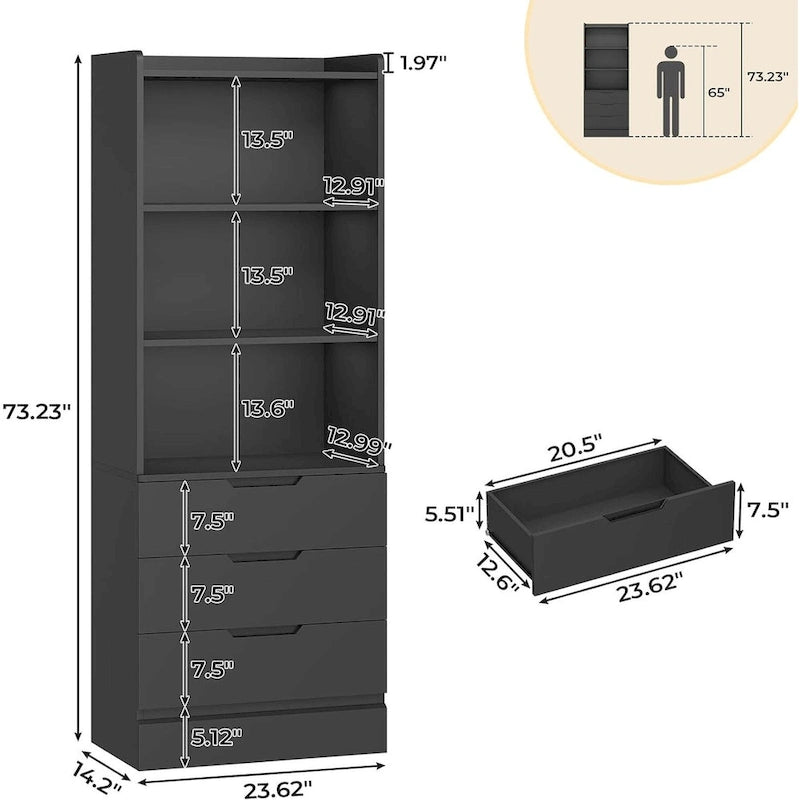 Armoire de rangement de cuisine Bibliothèque 3 tiroirs Étagères ouvertes - N/A