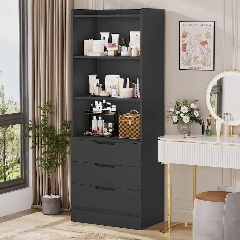 Armoire de rangement de cuisine Bibliothèque 3 tiroirs Étagères ouvertes - N/A