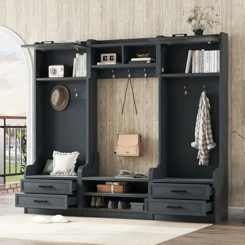 4-in-1 Detachable Hall Tree with Storage Cabinets and Hooks, Multifunctional Hallway Coat Rack with Drawers and Shoe Bench
