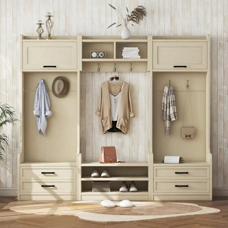 Portemanteau d'entrée détachable 4-en-1 avec armoires de rangement et patères, porte-manteau multifonctionnel avec tiroirs et à chaussures