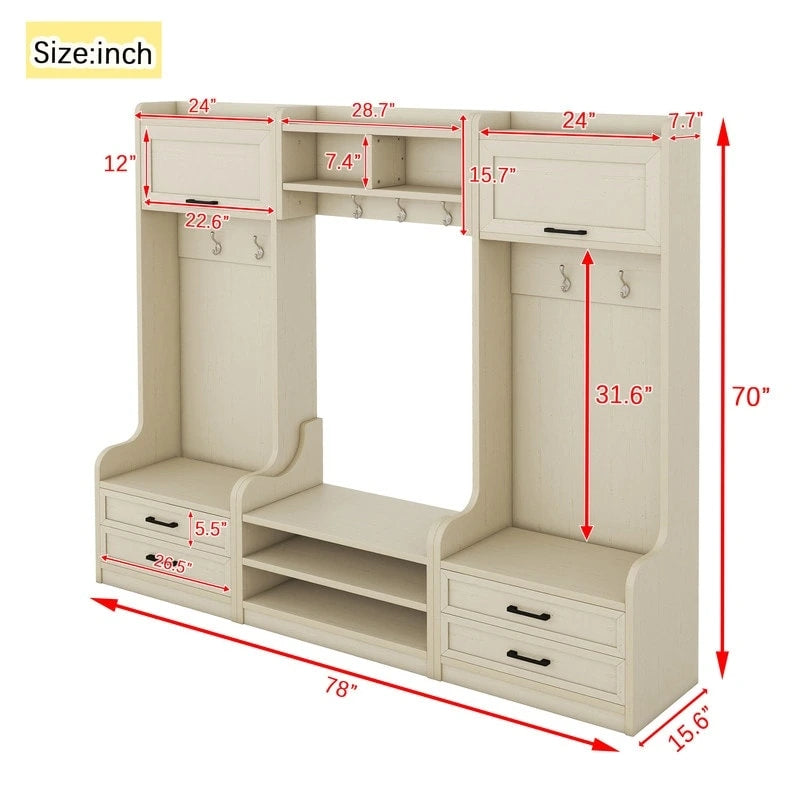 Portemanteau d'entrée détachable 4-en-1 avec armoires de rangement et patères, porte-manteau multifonctionnel avec tiroirs et à chaussures
